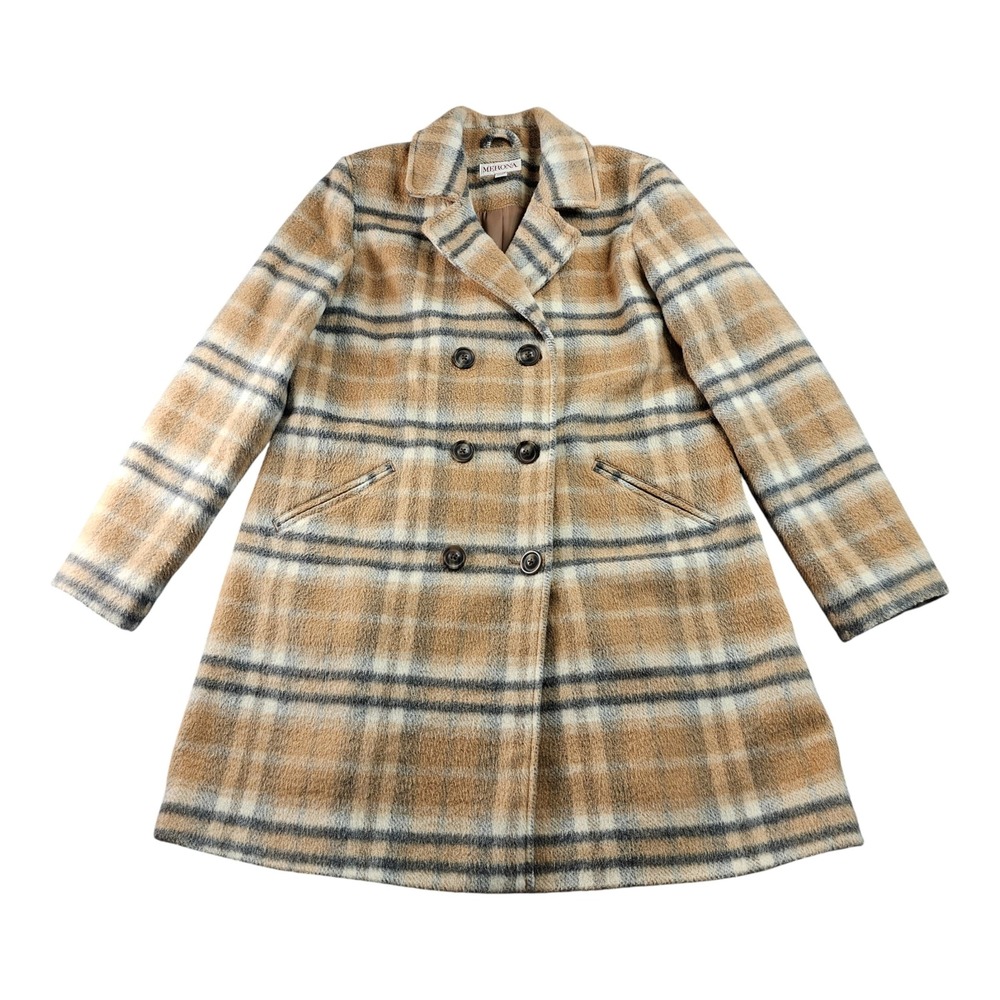 Merona Peacoat Women XL Brown Plaid Wool Blend Lined Notch Lapel Double-Breasted